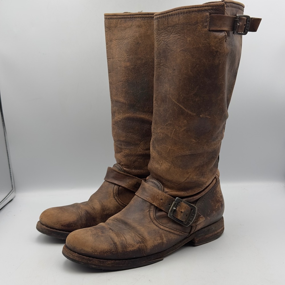 Frye Veronica Slouch Engineer Brown Leather Riding Boots Woman 7.5 8 Distressed
